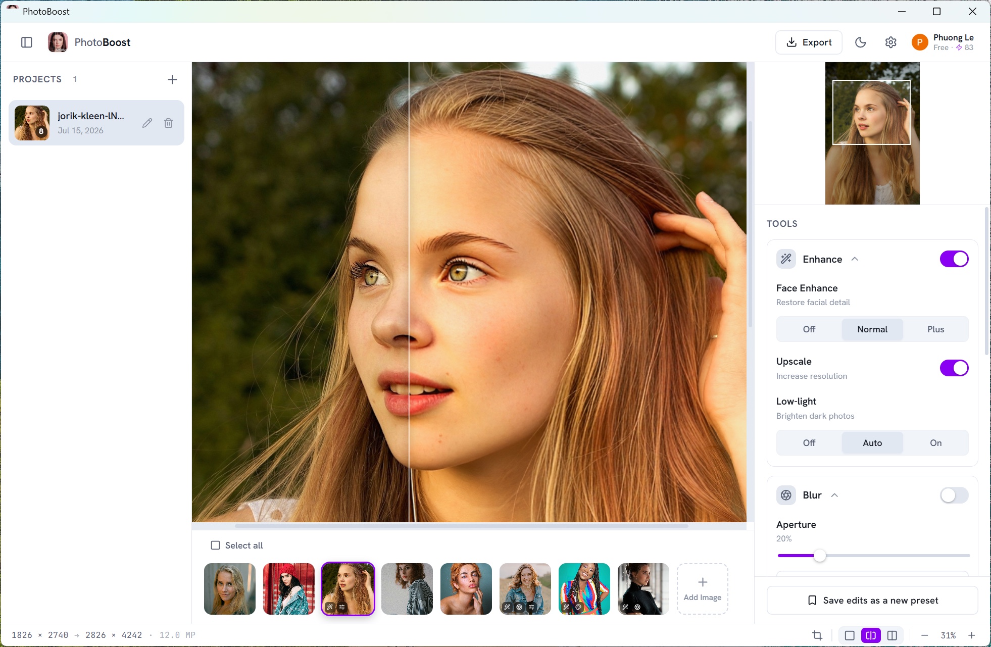 PhotoBoost desktop app — before/after editor with AI enhancement tools