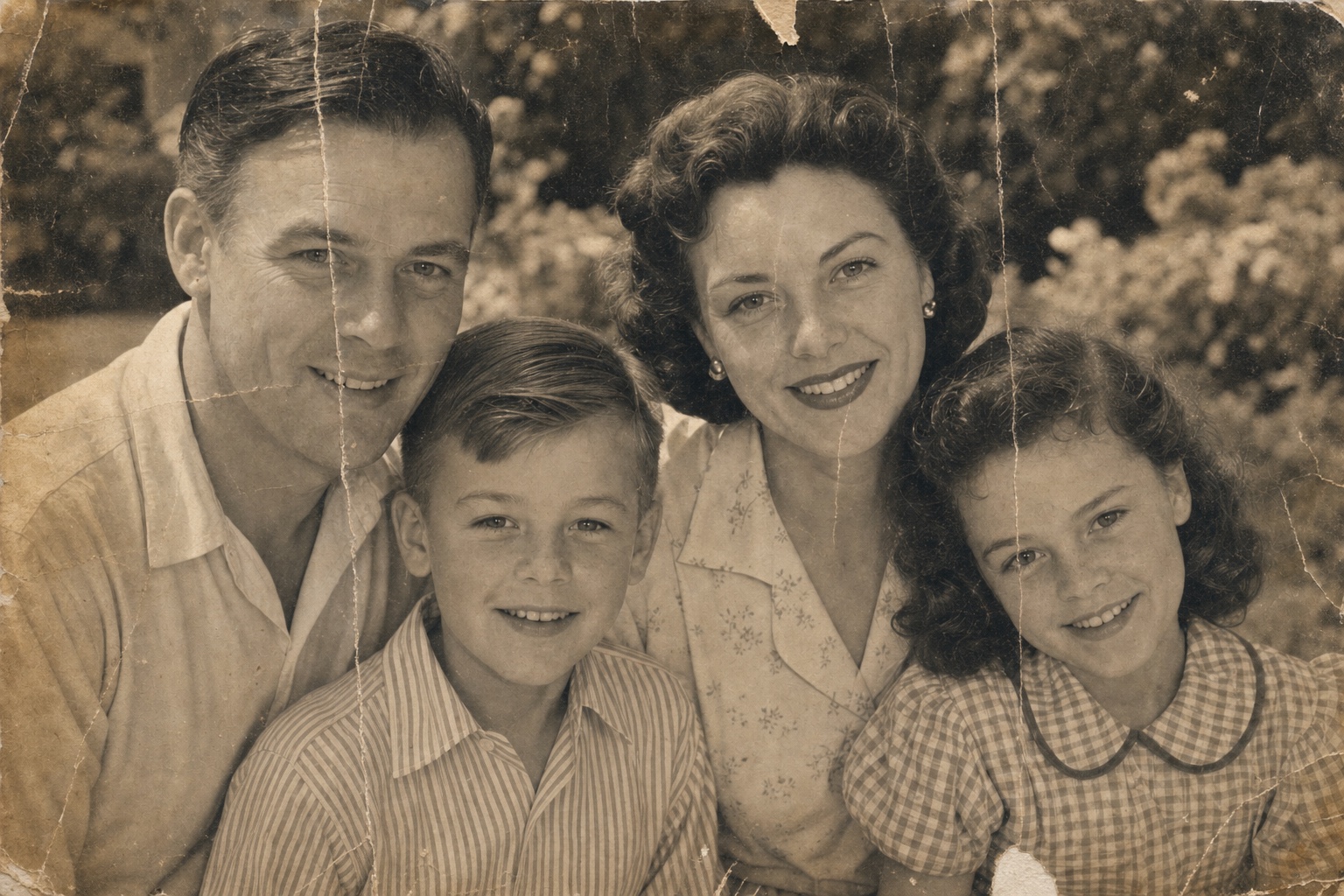 Faded and damaged 1950s family portrait before restoration